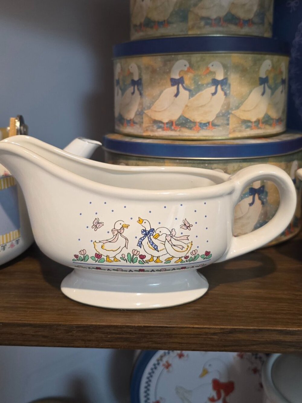 Vintage 1980s Country Ribbon Geese Ceramic Gravy Boat - No Underplate